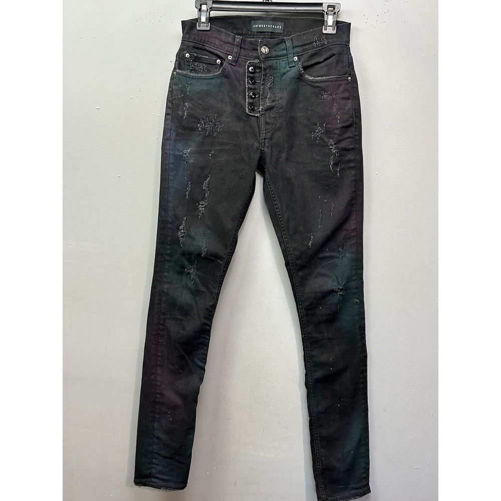 Art Meets Chaos Jeans Mens 29 Black Iridescent Distressed Slim Fit Button Fly